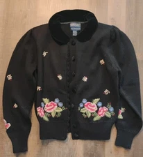 VTG Herman Geist Sz Small Hand Embroidered Floral Black Sweater Cottagecore