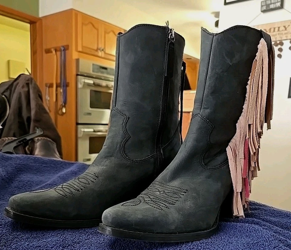 Динго кожи ковбойские сапоги бахрома новый черный желтовато-коричневый бахрома шнурует вверх назад сексуальный размер 8! - Изображение 3 из 4