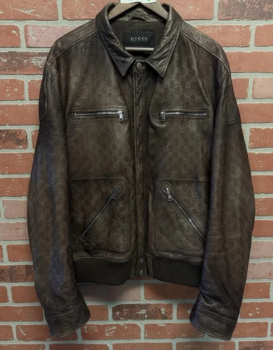 Giacca di pelle marrone monogramma Gucci firmata Guccissma AUTENTICA GUCCI TG 62 2XL ?