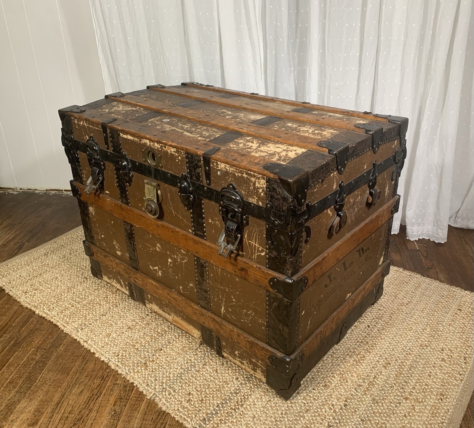 antique large canvas-covered STEAMER trunk oak slats drawer insert PATINA