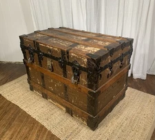 antique large canvas-covered STEAMER trunk oak slats drawer insert PATINA