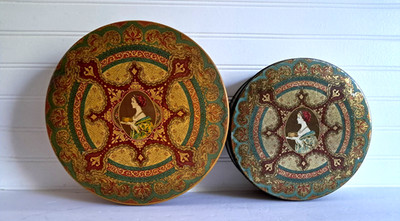 Vintage Decorative Holiday Fruit Cake Tin Box Set of 2 Metal 8 & 10 inch 