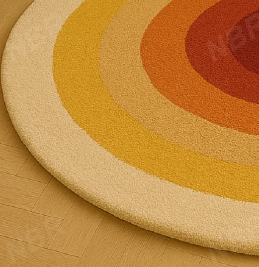 Modern Round Hand Tufted Wool Rug With Retro Sunburst Design Warm Yellow & Orang - Image 2 of 4