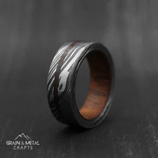 Damascus Steel Rings Wood Inlay Mens Promise Ring, Wood Wedding Band