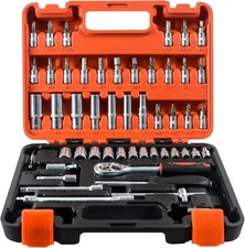 Mechanics Tool Set and Ratchet Socket Set 1/4in 3/8in Drive 53 Pc Metric W/Case