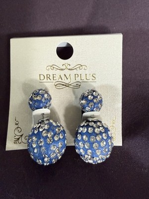 DREAM PLUS Blue Crystal Pavé Round Ball Stud Earrings Butterfly Back