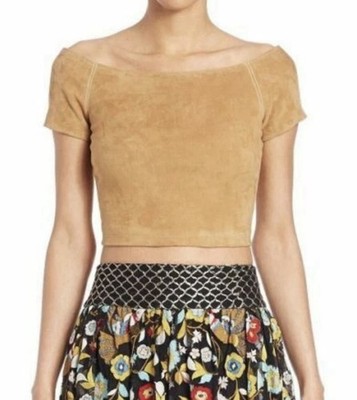 Alice + Olivia Women s Size 0 Lamb Leather Gracelyn Suede Off the Shoulder Top