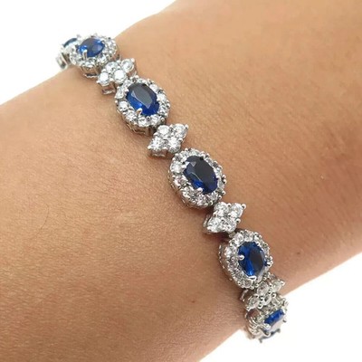 Laborgefertigter Saphir Diamant Damenarmband 9 kt Ovalschliff 14 K Weißgold vergoldet