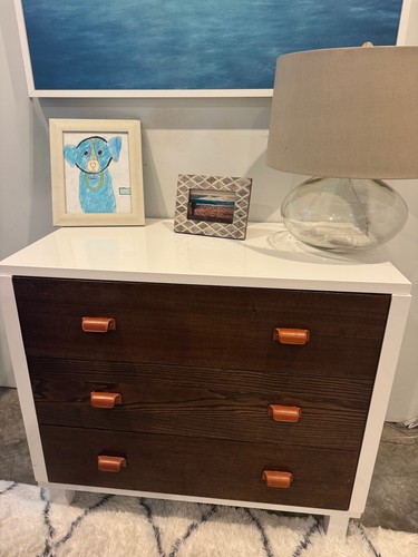 Modern Kids Dresser-White-Dark Stain Oak-Leather Pulls