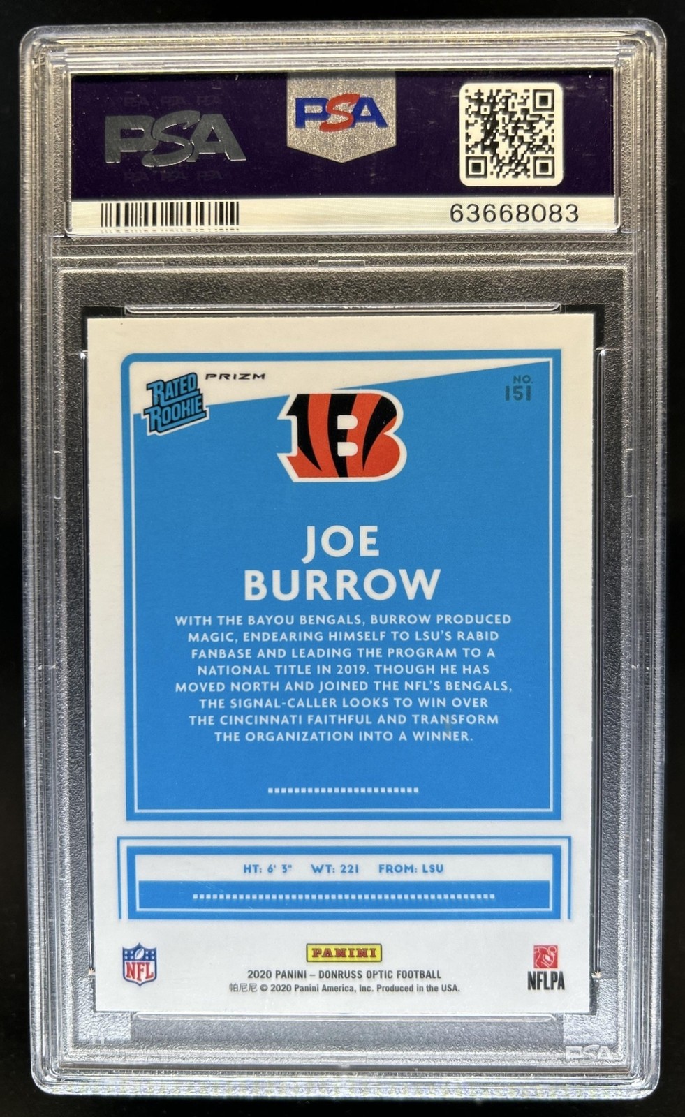 2020 Panini Donruss Optic Joe Burrow Holo Prizm Rookie RC #151 Bengals PSA 10 view 2