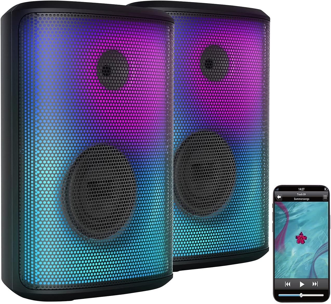 NUEVO 2 Set PA Fiestas Sistema Bluetooth Boombox Luz para Música Disco Fiesta Exterior