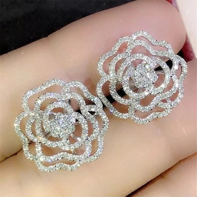 Women Cluster Flower Round Cut Lab Created Diamond 925 Silver Gift Stud Earrings