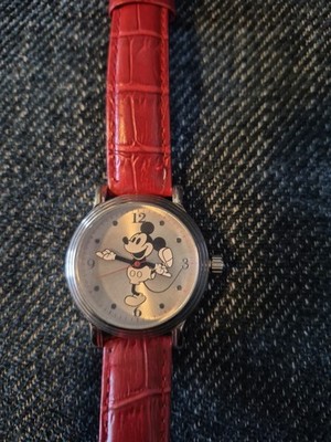 Disney Mickey Mouse Silver Tone Watch, Red Embossed Leather Band, Working