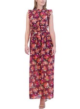 Vince Camuto Womens Chiffon Maxi Dress 6 Wine Ruffled Floral - NWT $168