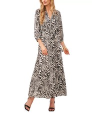 Vince Camuto Women's Satin Printed V-Neck 3/4 Sleeves Maxi Dress Ivory Black S