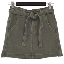 American Eagle Olive Green Paperbag Waist Denim Mini Skirt Size 2 Stretch Belted