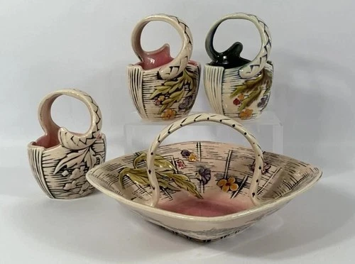 4 Pieces Hull Pottery Blossom Flite Handled Baskets Large and Small