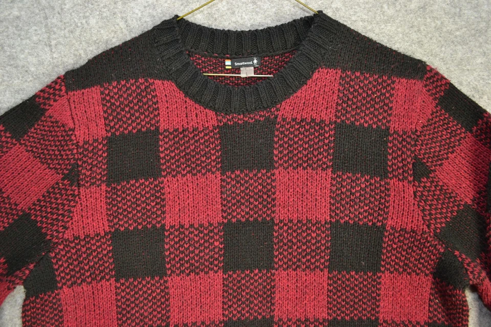 Smartwool Sweater Mens L Red Cozy Lodge Buff Check Buffalo Plaid Crewneck Wool - Image 4 of 4