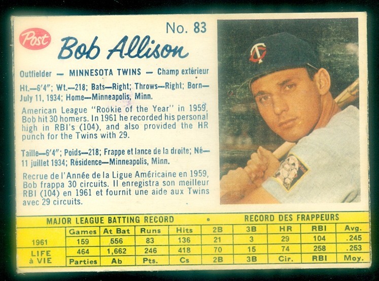 1962 POST CANADIAN #83 BOB ALLISON VGEX