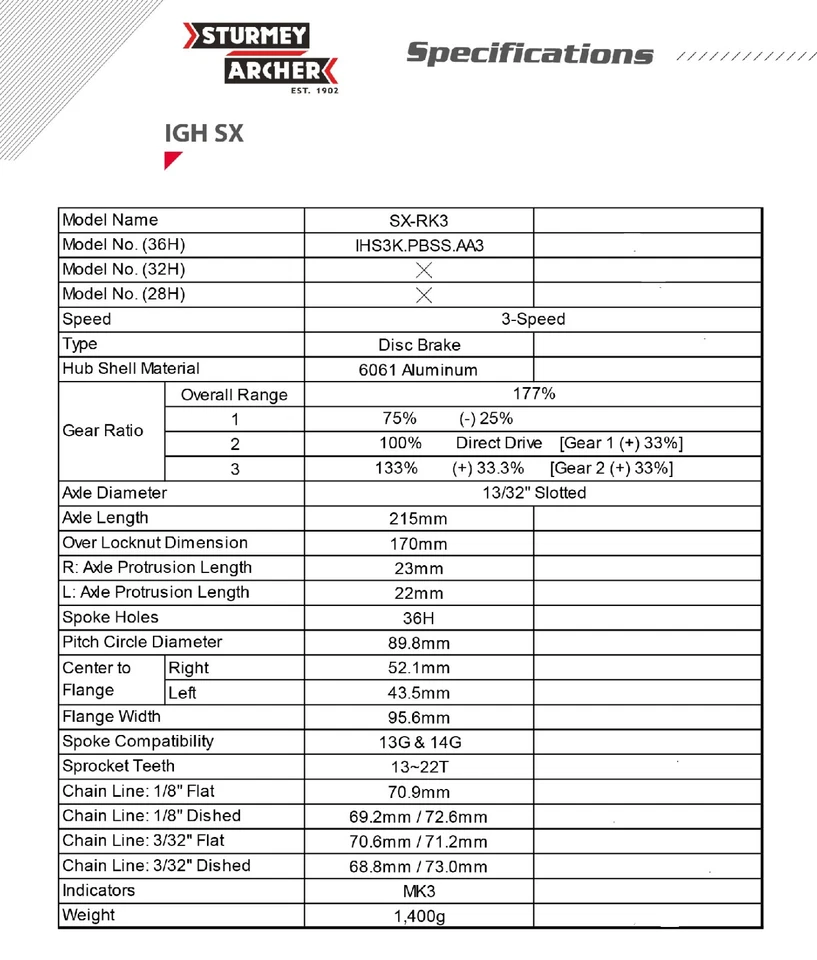 STURMEY ARCHER NABE SX-RK3 KIT [FAT HUB] 170MM INNENVERZAHNUNG 3 GANG SET - Bild 4 von 4