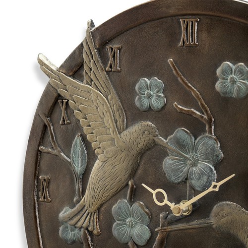 Innovative Aluminum Hummingbird Pair Wall Mounted Garden Clock and Thermometer - Picture 2 of 4