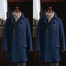 Navy Blue Wool Cashmere Men Long Coat Double Breasted Overcoat Warm Long Jacket