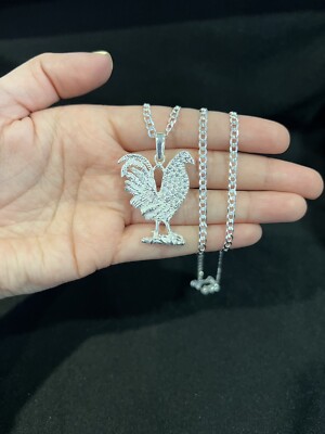 925 Sterling Silber Herren CZ Hahn Huhn Gallo Anhänger & Panzerkette 20 24 30