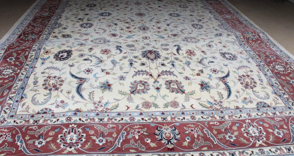 手工编织羊毛地毯 12x18 | 大号罗马尼亚小地毯 | 红色和象牙色花卉 — 第 3/4 张图片