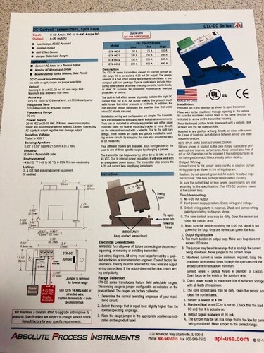 Absolute Process Instruments CTX-DC-0 DC Current Transmitter Split Core 0-100AMP - Picture 2 of 2