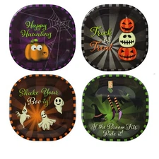 Halloween Melamine Appetizer Plates, Set of 4, Pumpkins Ghosts Witch Dinnerware