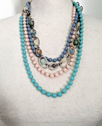 Vintage  acrylic beads silver tone  tone multi strand necklace transformer 30"