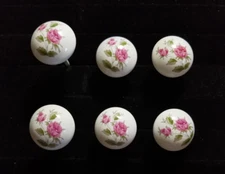 Vintage Ceramic Drawer Cabinet Pull Knobs Pink Roses Shabby Chic Set of 6