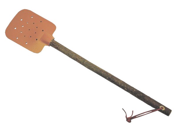 Fliegenklatsche Rustikal Mit Lederteil + Stiel Aus Erlenholz Mit Rinde L 47,5 Cm-image