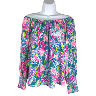 Lilly Pulitzer Lana Top Medium Maldives Green Turtle Wave Off Shoulder CJ-1631