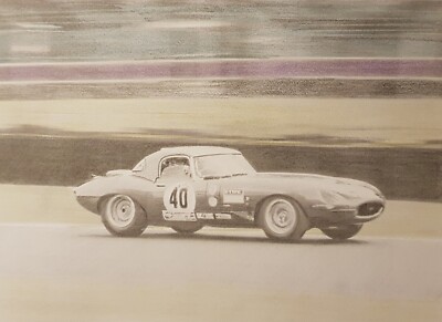 E Type Jaguar.  Handgezeichnete & signierte A2 Bleistiftzeichnung.