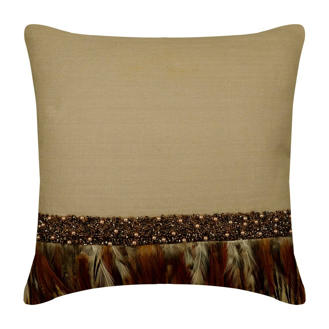 Beige 16x16 Linen Couch Pillow Case with Falling Feathers Design