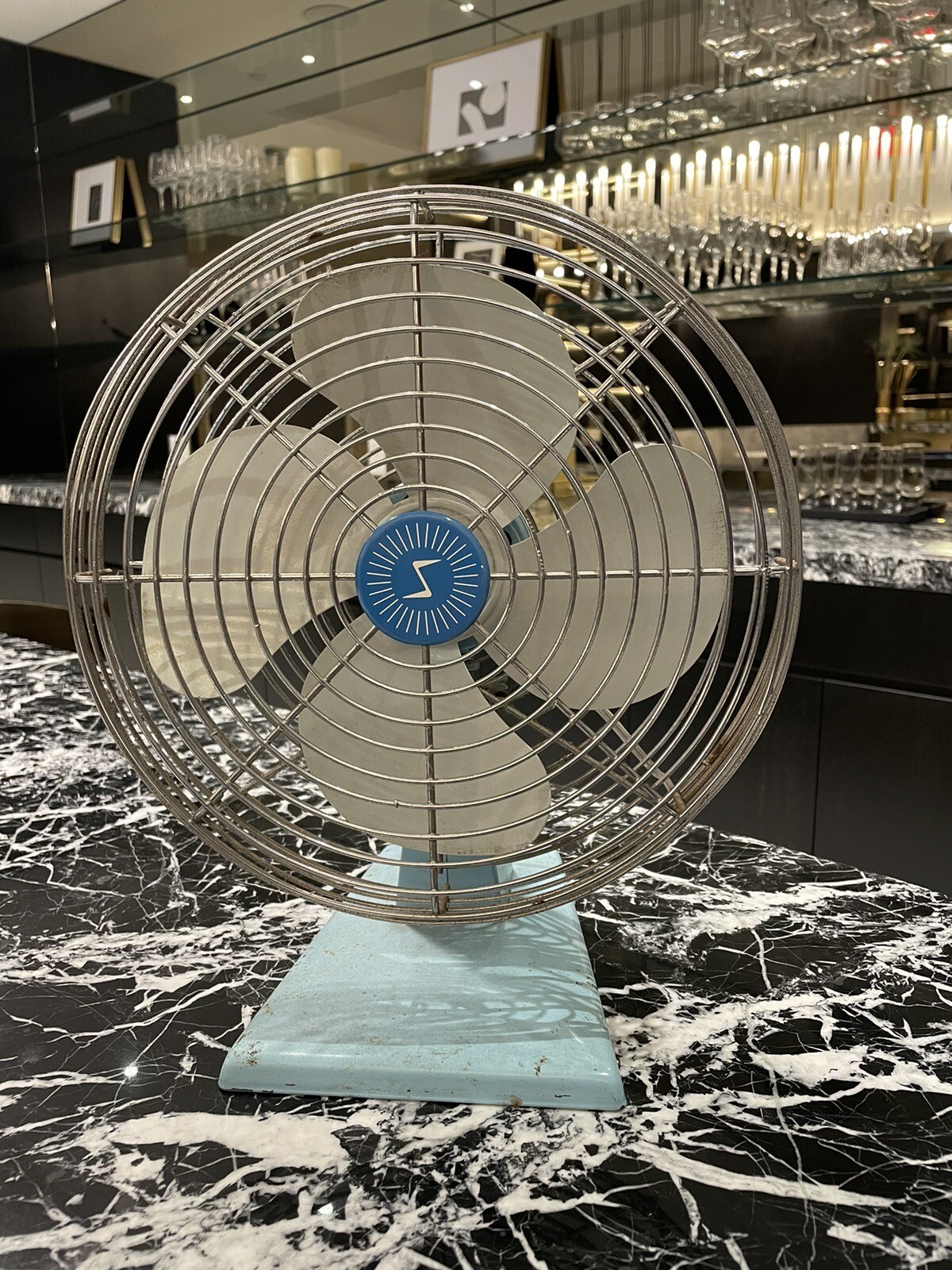 1960s USA Retro 1-Speed 12 Inch Oscillating Electric Fan in Turquoise Blue-image