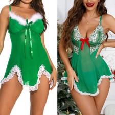 Women Lace Christmas Sleepwear Santa Chemises V-Neck Babydoll Nightgown Green