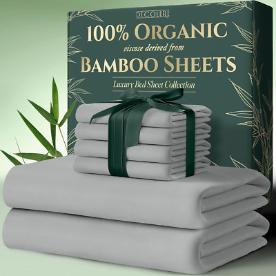 Ultra Soft Organic Bamboo Queen Sheets - 6Pcs, 17'' Deep Pocket, Light Grey