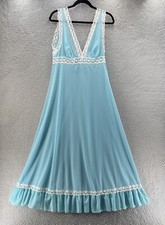 Vanity Fair Maxi Slip Dress Women 38 Blue Lace Satin Babydoll Y2K Fairy Camisole