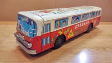 Vintage retro big bus litho tin toy. Kindergarten, School bus Japan tin friction