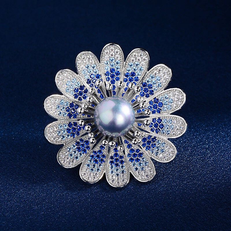 Elegante Broche Prendedor Flor Margarita Circonita Cúbica Púrpura/Azul Chapado en Oro Blanco Foto 3 de 3