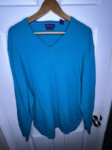 Alan Flusser Men’s X Large Teal Blue Cotton Cashmere V Neck Pullover Sweater XL - Picture 5 of 13