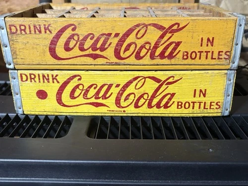 Two Vintage Yellow Wooden Coca Cola Crate Wood Case’s 1962 & 1974