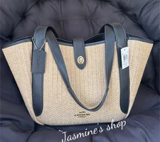 NWT COACH Hadley Turn Lock Tote Bag CAL87 Toast / Black Straw Smooth Leather