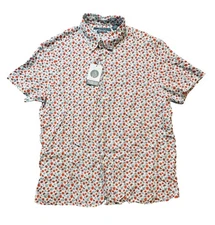 Perry Ellis Shirt Mens XL Red Linen Short Sleeve Untucked Citrus Print
