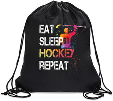 Eat Sleep Hockey Repeat Drawstring Backpack for Men Women, Waterproof Sport Sack