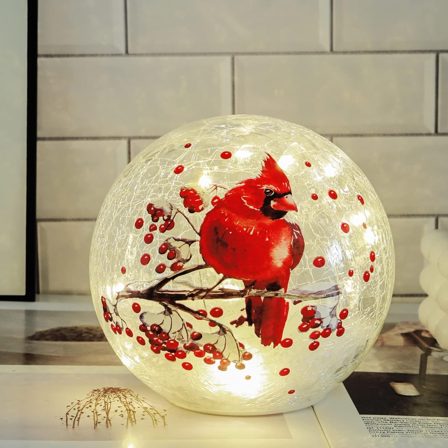 Crackle Glass Ball Cardinal Lamp,Light up Red Bird Stained Glass Christmas Decor