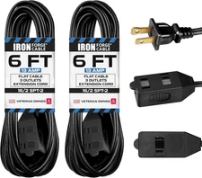 6 Ft Black Extension Cord 2 Pack - 16/2 Durable Electrical Cable