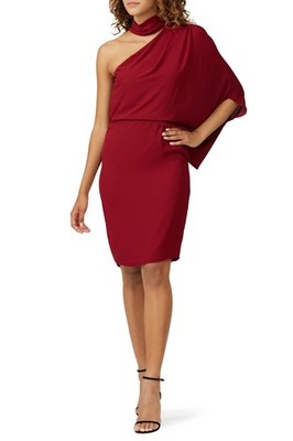 $295 HALSTON one-shoulder draped sheath evening dress - cherry red - sz 6